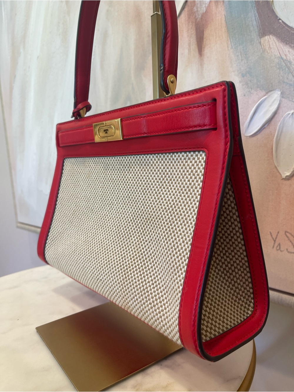 Tory Burch Radziwill Red Leather-Trim Woven Satchel - Picture 2 of 8